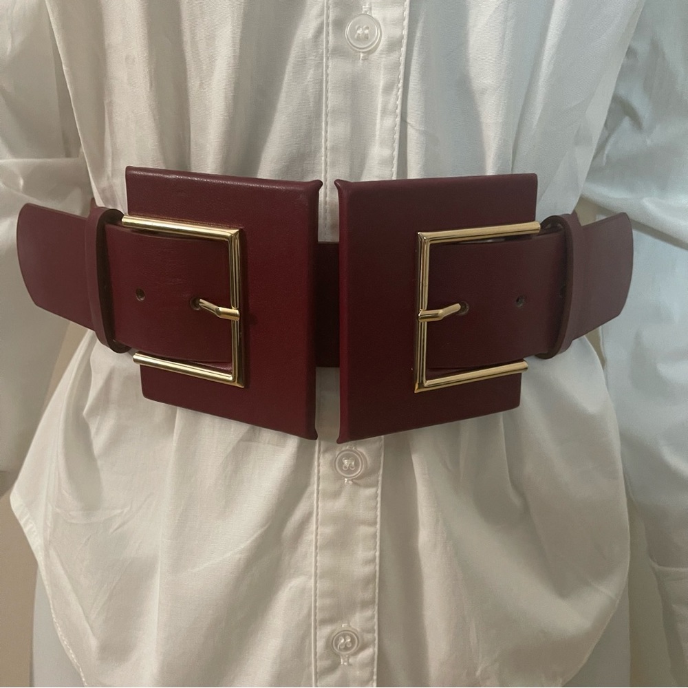 Plus size wine PU leather elastic waistband chunky buckle gold tone belt
